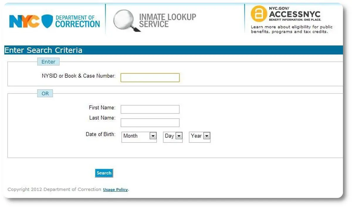 NYC DOC Online Inmate Lookup Form